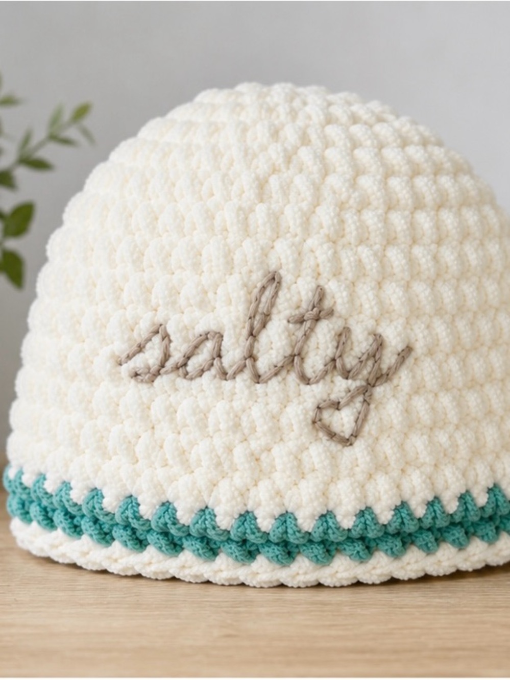 CREATED+CURATED Handmade “Salty” Crochet Beanie Coastal Ivory & Teal